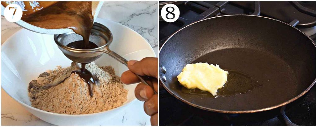 filtering jaggery syrup and a dollop of ghee in a pan