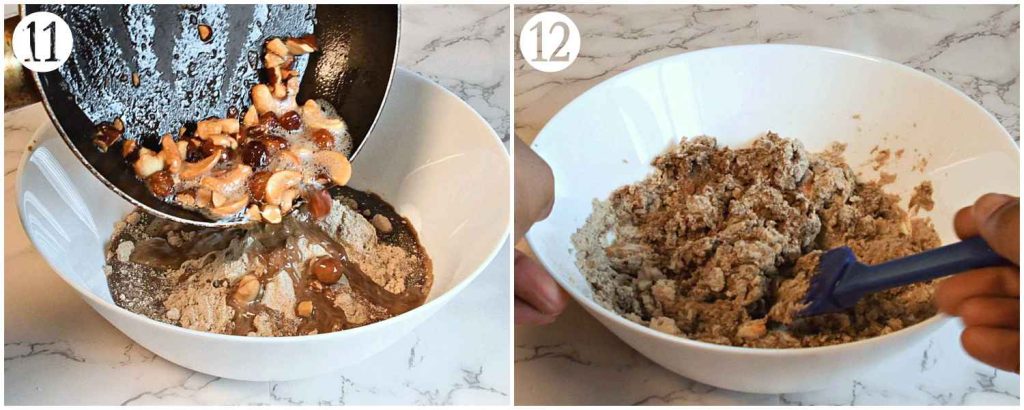 adding the roasted nuts to mixing bowl and mixing it with spatula