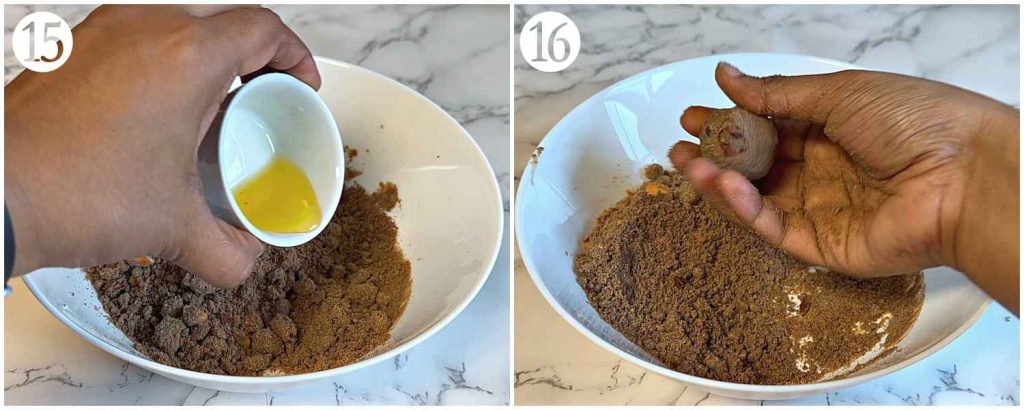 a collage showing the addition of warm ghee to make laddu