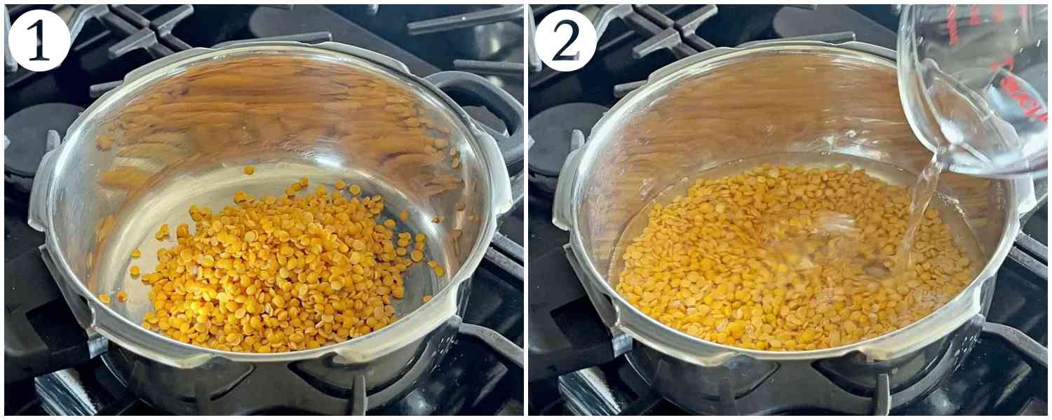 collage of washed toor dal and action of pouring water to it