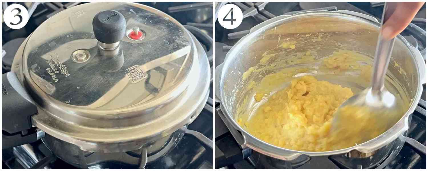 collage of pressure cooking dal and mashing it then