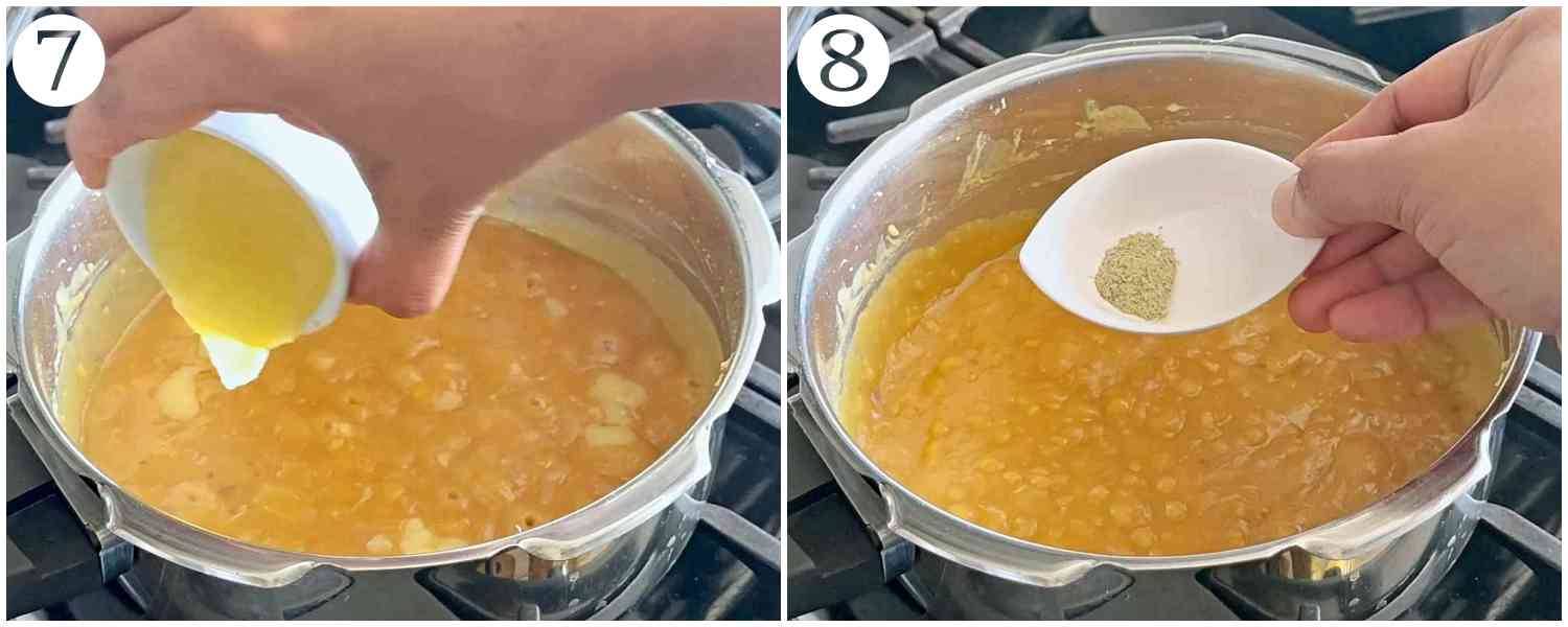 collage of adding ghee, green cardamom powder and salt