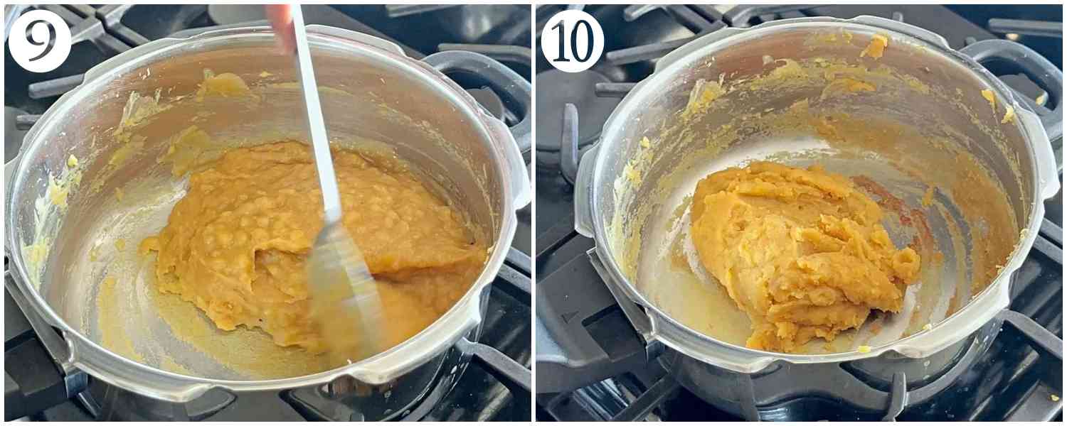 process shots of cooking toor dal until it thickens