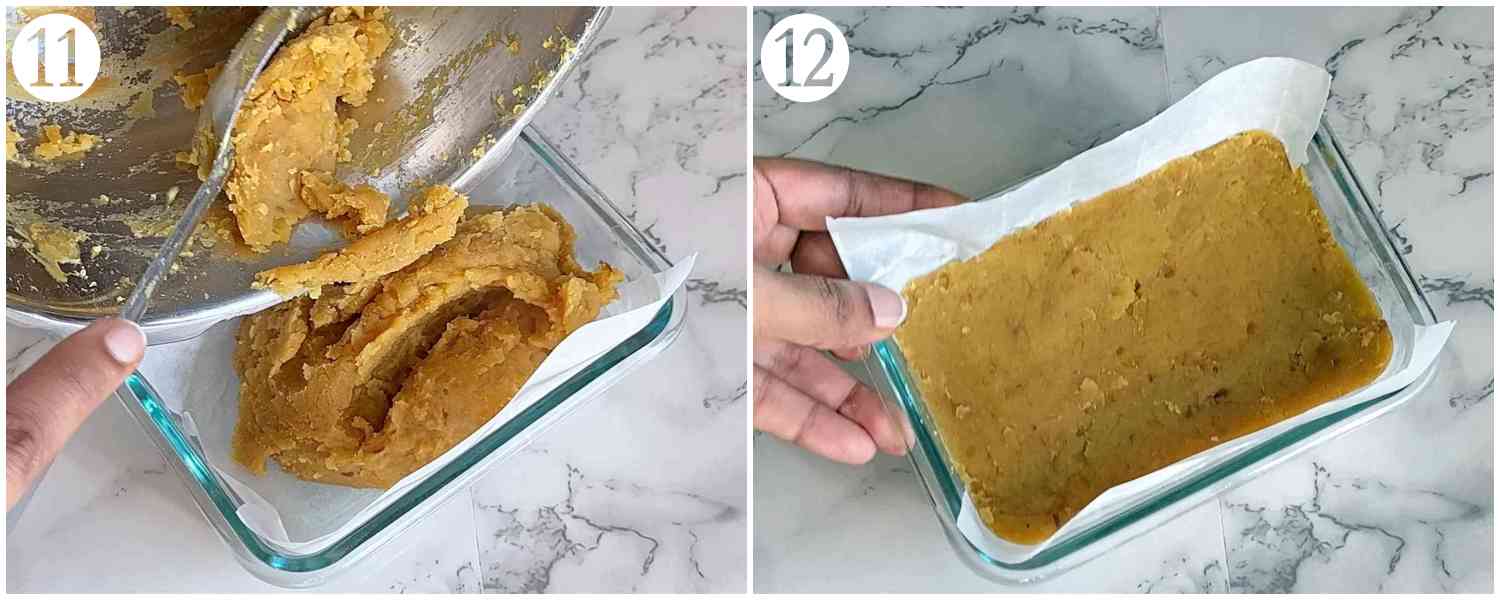 collage of transferring the toor dal mix and spreading it evenly