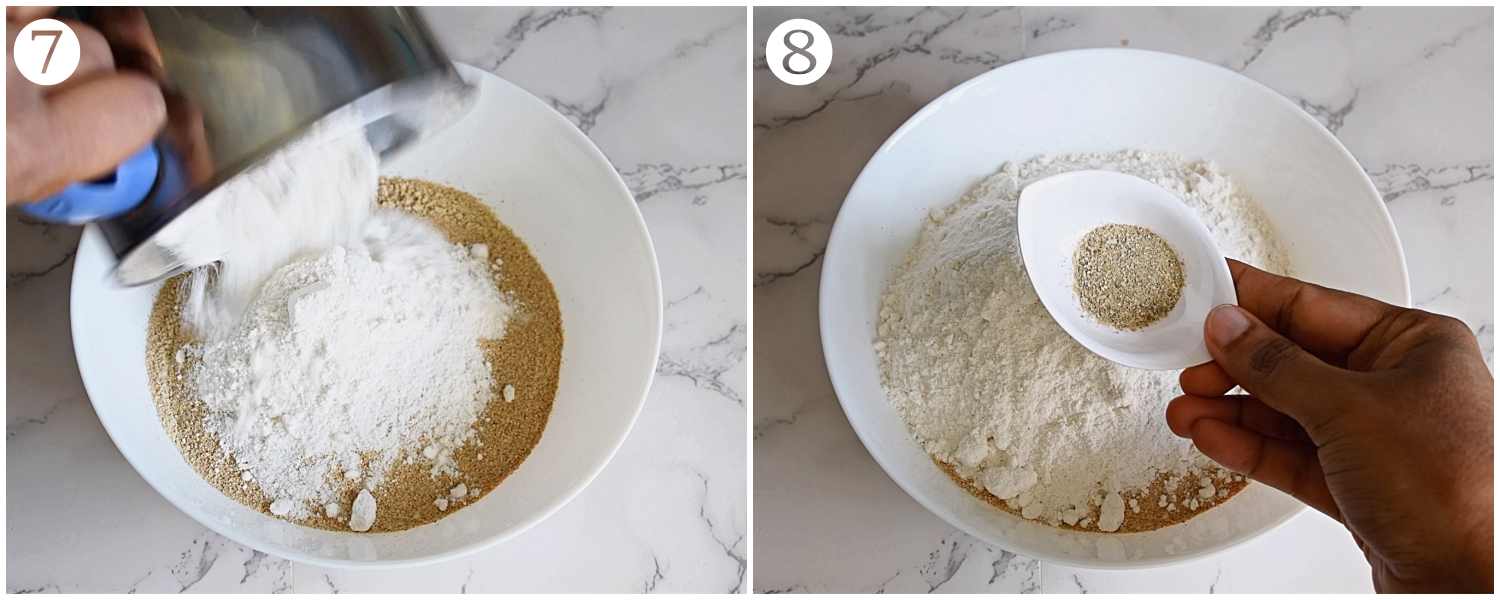 process shots of adding powdered sugar and green cardamom powder with powdered green moong dal in a bowl.