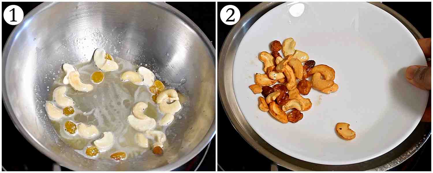 collage of before and after frying cashew nuts and raisins