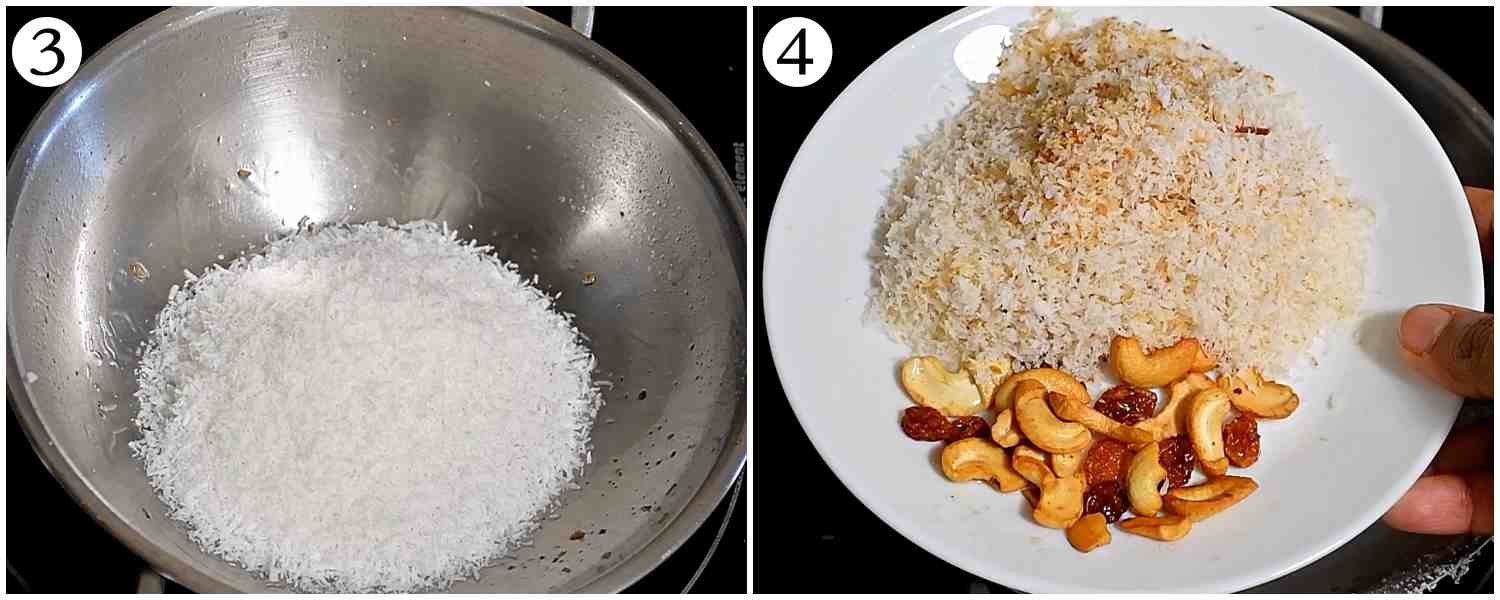 collage showing before and after pictures of roasted desiccated coconut