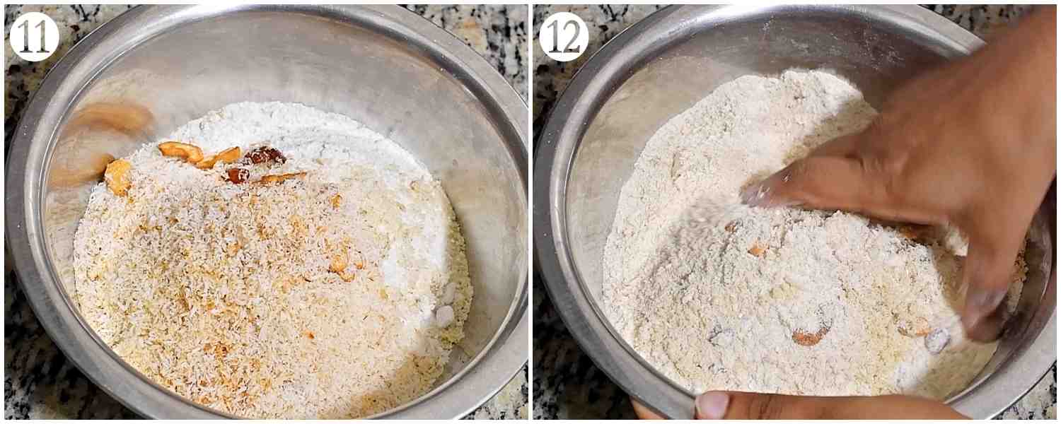 a bowl of all ingredients and mixing the same using hand