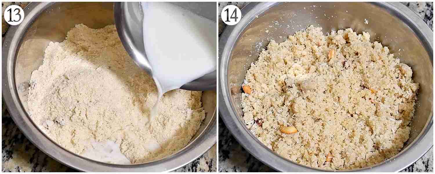 collage shows the addition of milk to all ingredients and wet rava laddu mix