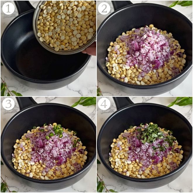 the collage shows the process of adding roasted chana dal, finely chopped shallots, green chilli and curry leaves into a bowl