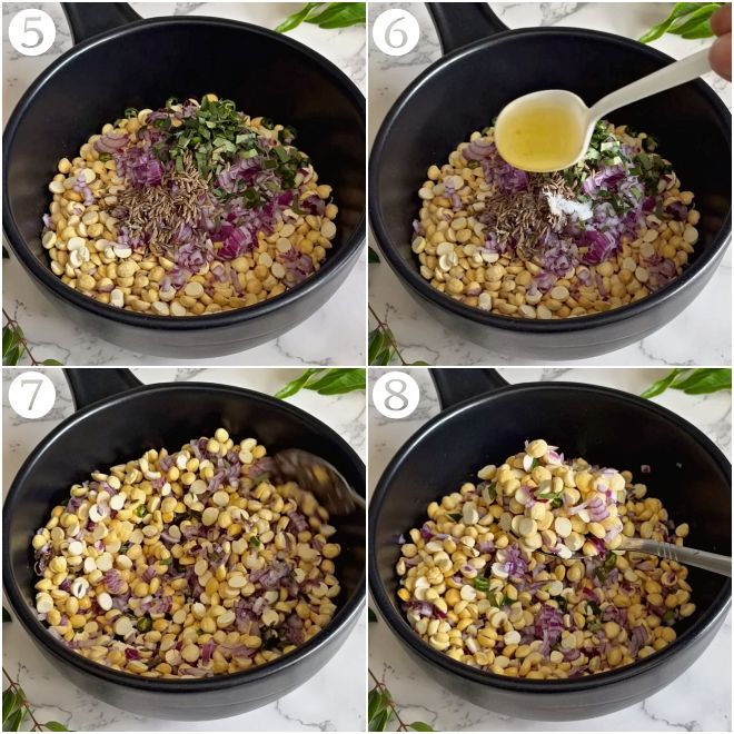 collage shows the process of adding cumin seeds, salt and gingelly oil and mixing the same using a spoon