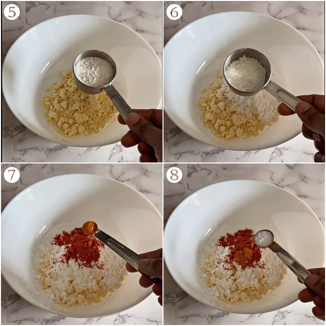 collage showing the process of adding besan flour, rice flour, corn flour, red chilli powder, turmeric powder and salt to a bowl