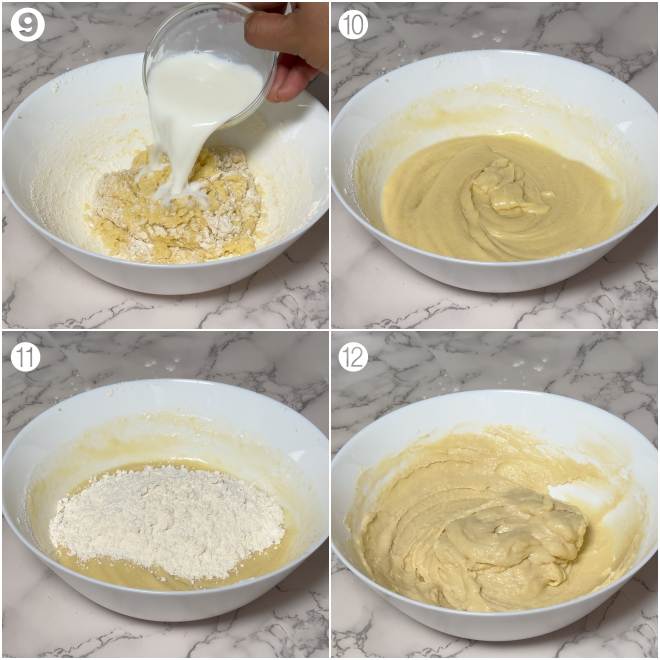 a collage showing the process of mixing dry ingredients & milk in an alternate manner